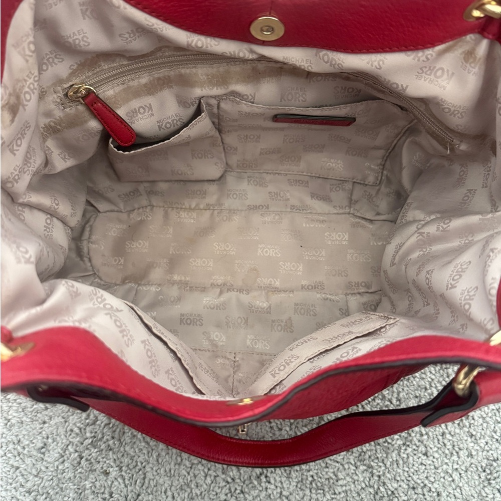 Michael Kors Red Leather Tote Bag Gold Hardware Zip Accents Shoulder Bag - Picture 9 of 12